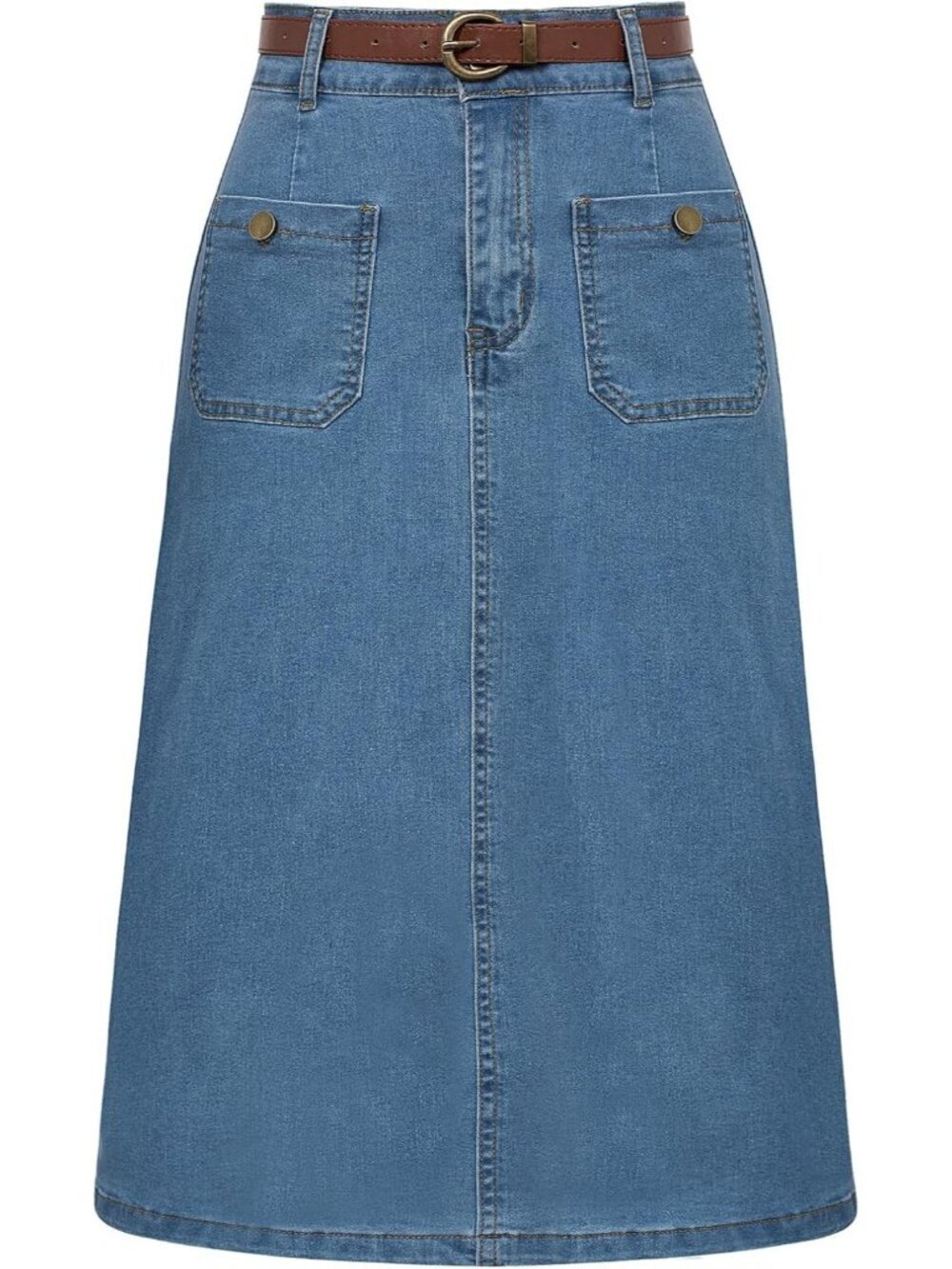 Women's Medium Blue Belle Denim Jean Skirt with Belt Below Knee Patch Pockets